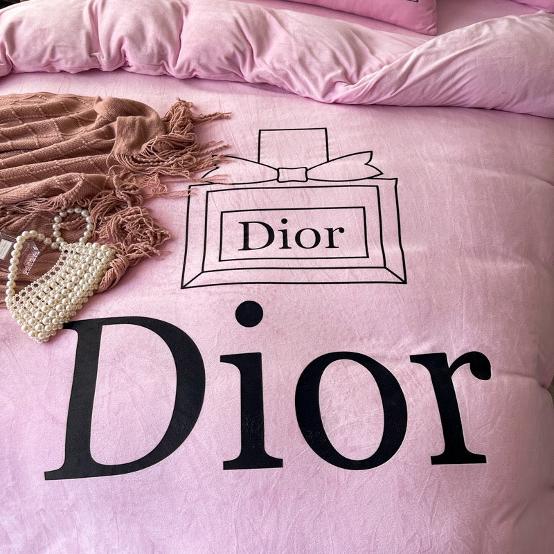 Plain Pink Luxury Branded Logo Christian Dior Design Crystal Velvet Bedding Set