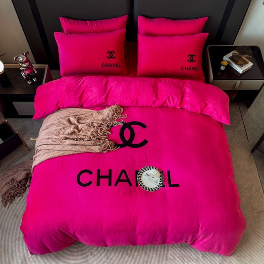 Dark Pink Black Chanel Logo Crystal Velvet Plain Design Luxury Branded Bedding Set