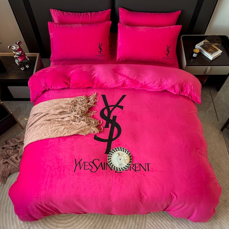 Plain Pink Yves Saint Laurent YSL Luxury Branded Logo Design Bed Sheet Crystal Velvet Bedding Set