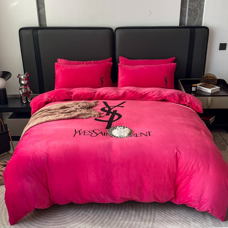 Plain Pink Yves Saint Laurent YSL Luxury Branded Logo Design Bed Sheet Crystal Velvet Bedding Set