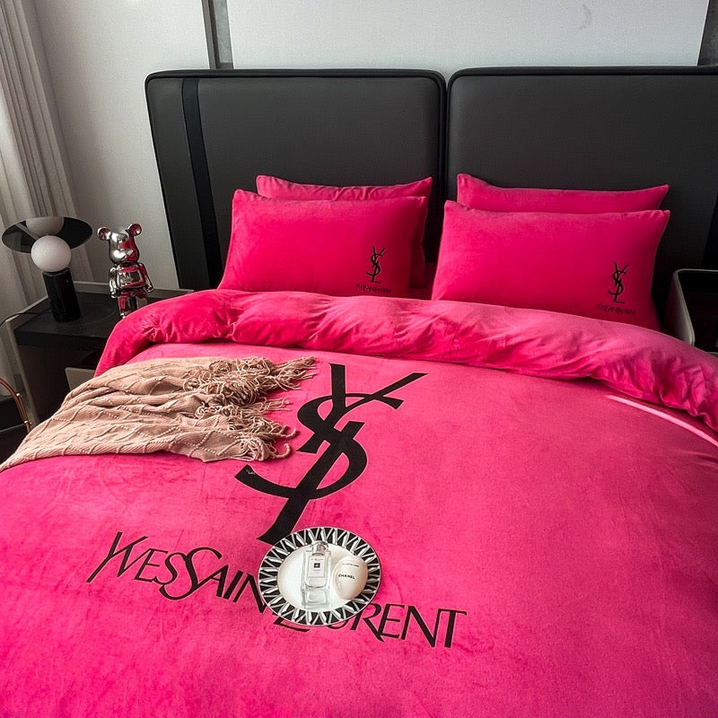 Plain Pink Yves Saint Laurent YSL Luxury Branded Logo Design Bed Sheet Crystal Velvet Bedding Set