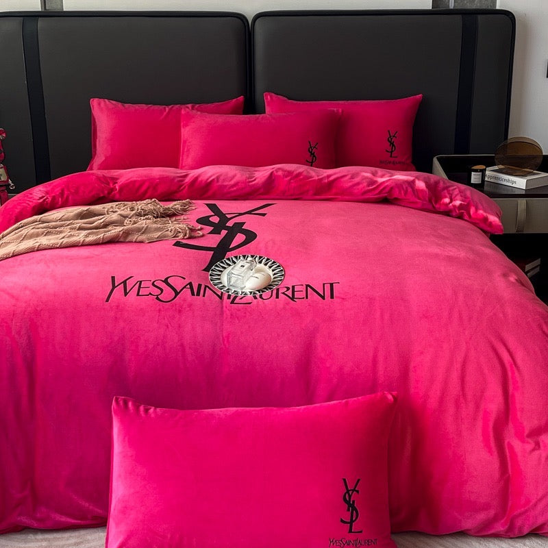 Plain Pink Yves Saint Laurent YSL Luxury Branded Logo Design Bed Sheet Crystal Velvet Bedding Set