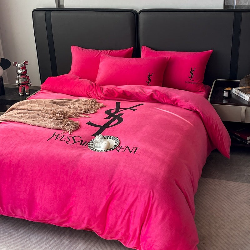 Plain Pink Yves Saint Laurent YSL Luxury Branded Logo Design Bed Sheet Crystal Velvet Bedding Set