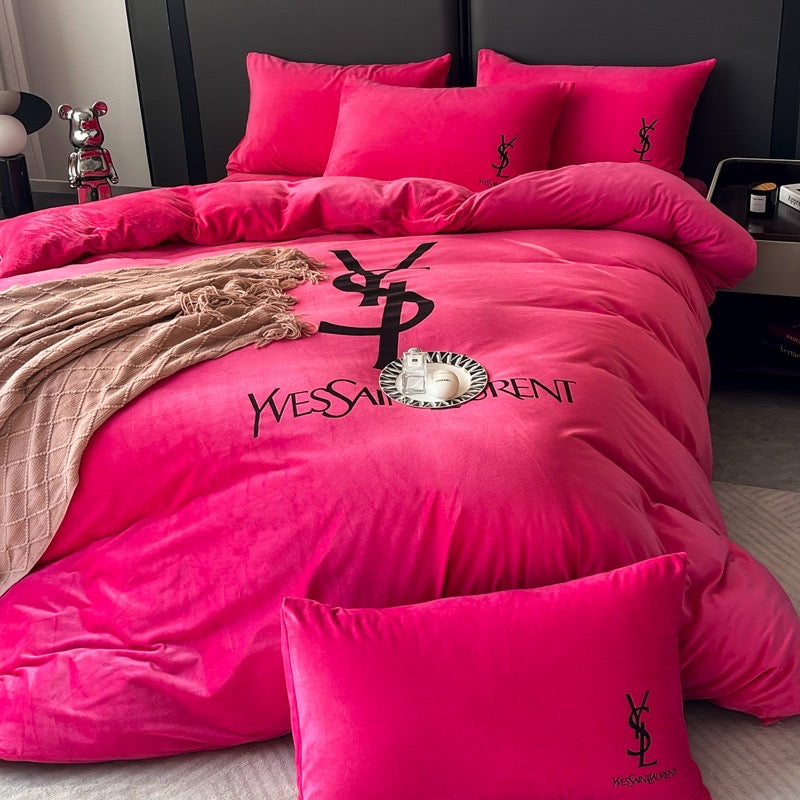 Plain Pink Yves Saint Laurent YSL Luxury Branded Logo Design Bed Sheet Crystal Velvet Bedding Set