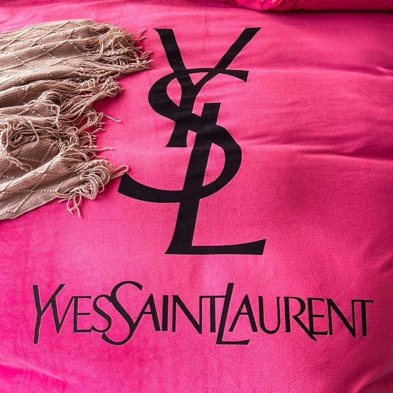 Plain Pink Yves Saint Laurent YSL Luxury Branded Logo Design Bed Sheet Crystal Velvet Bedding Set