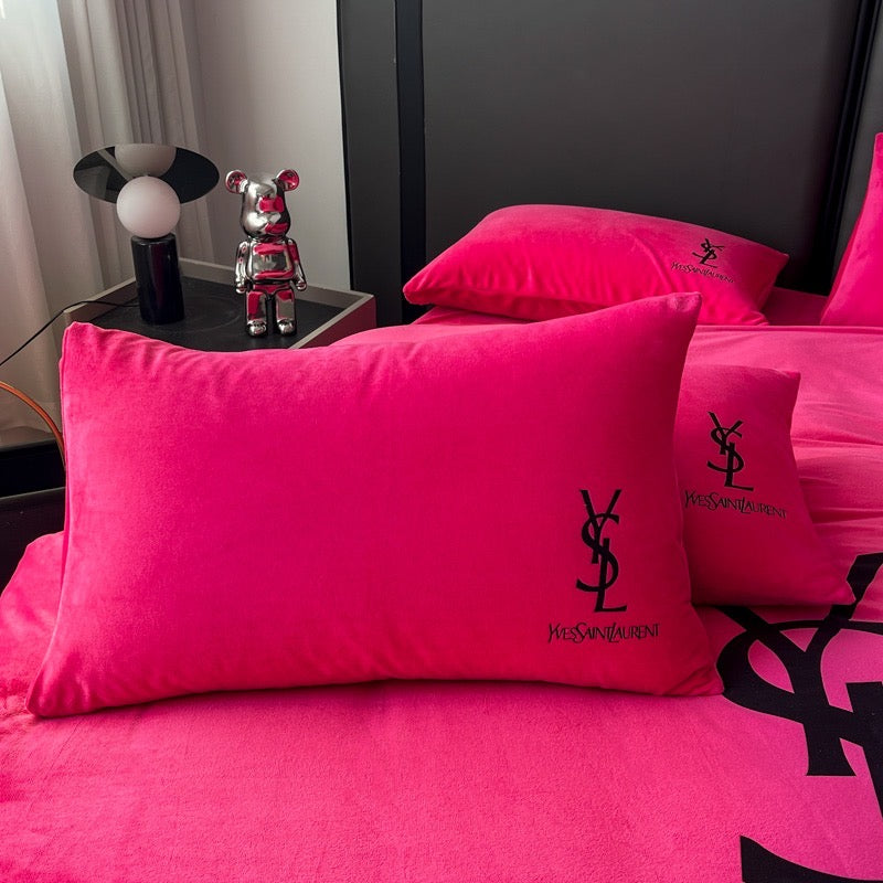 Plain Pink Yves Saint Laurent YSL Luxury Branded Logo Design Bed Sheet Crystal Velvet Bedding Set