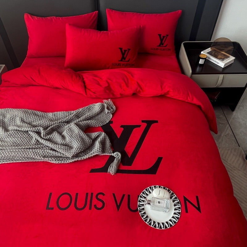 Plain Red Colour Bed Sheet Louis Vuitton LV Luxury Branded Logo Design Crystal Velvet Bedding Set