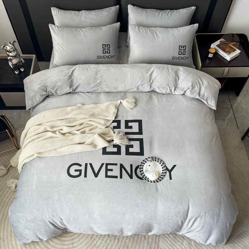 Plain Grey Design Givenchy Luxury Branded Logo Crystal Velvet Bedding Set