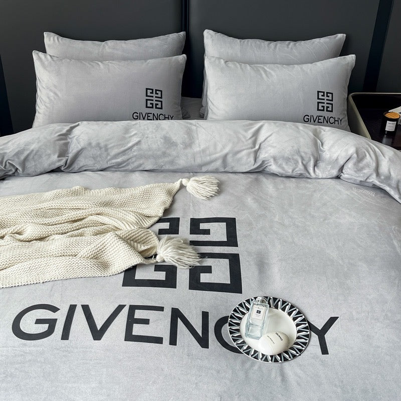 Plain Grey Design Givenchy Luxury Branded Logo Crystal Velvet Bedding Set