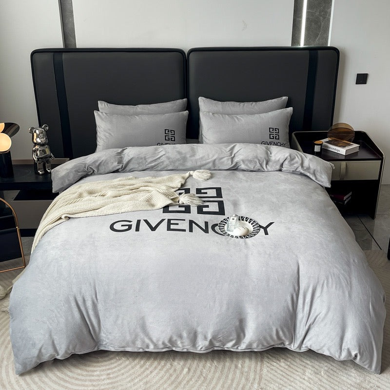 Plain Grey Design Givenchy Luxury Branded Logo Crystal Velvet Bedding Set