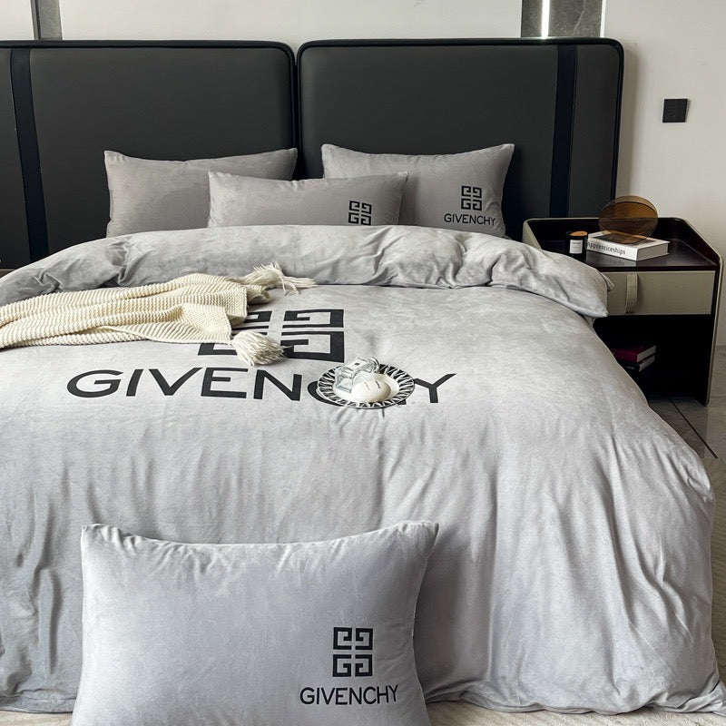 Plain Grey Design Givenchy Luxury Branded Logo Crystal Velvet Bedding Set