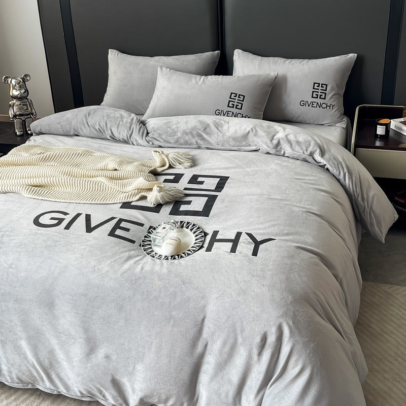 Plain Grey Design Givenchy Luxury Branded Logo Crystal Velvet Bedding Set