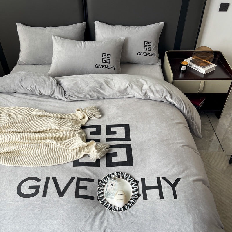 Plain Grey Design Givenchy Luxury Branded Logo Crystal Velvet Bedding Set