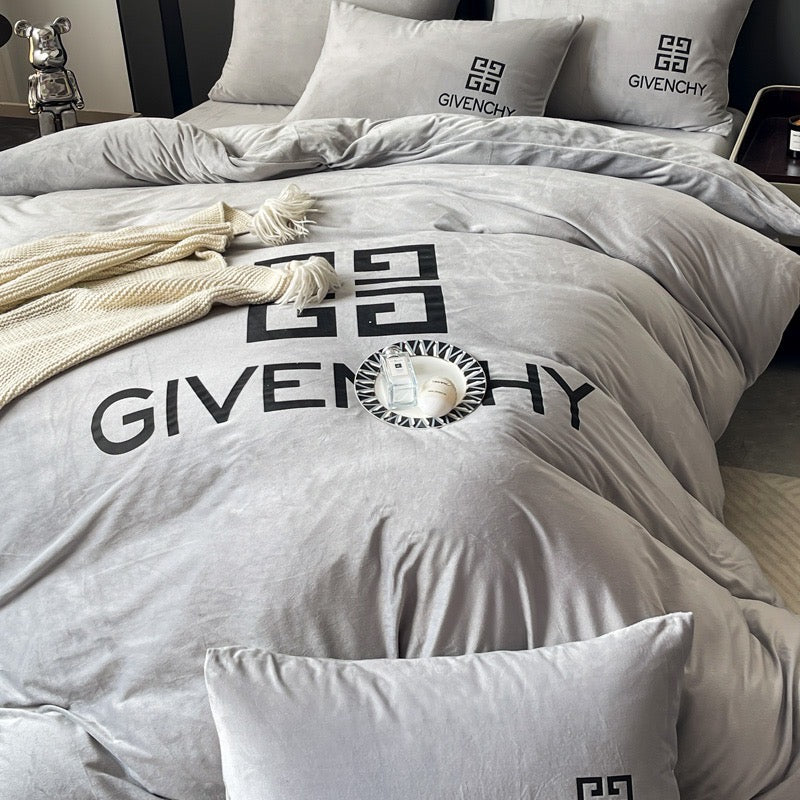 Plain Grey Design Givenchy Luxury Branded Logo Crystal Velvet Bedding Set