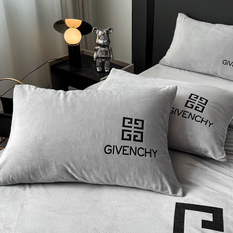 Plain Grey Design Givenchy Luxury Branded Logo Crystal Velvet Bedding Set