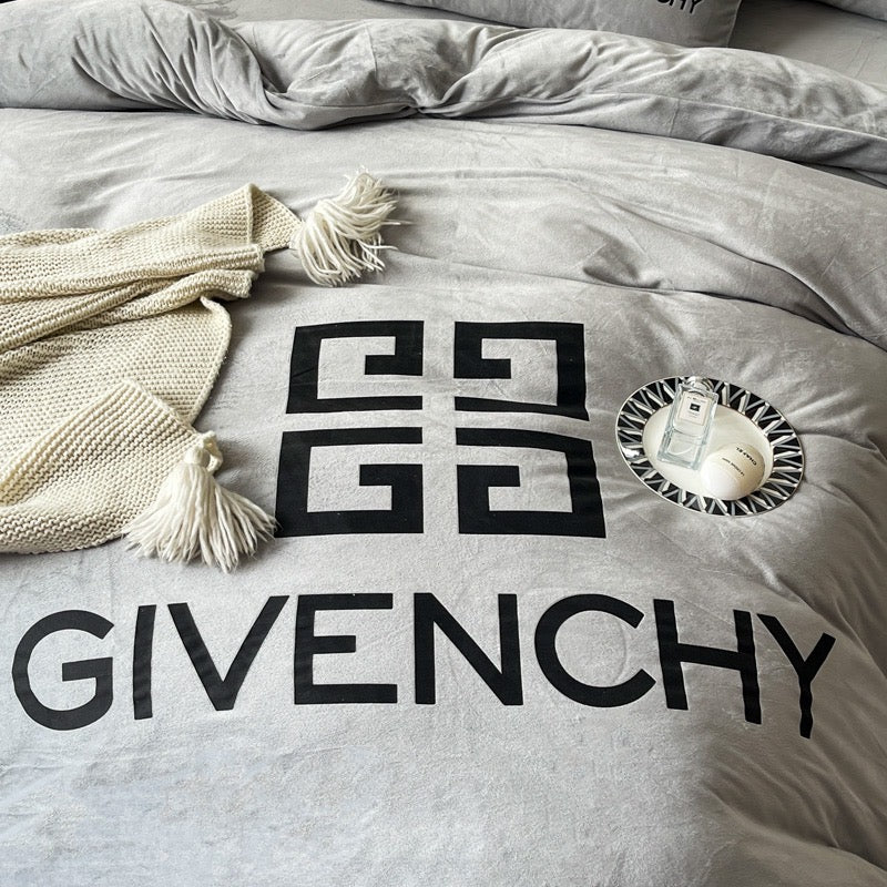 Plain Grey Design Givenchy Luxury Branded Logo Crystal Velvet Bedding Set