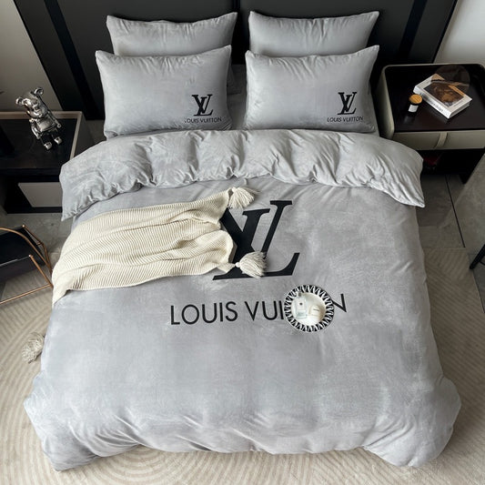 Plain Grey Colour Bed Sheet Louis Vuitton LV Luxury Branded Logo Crystal Velvet Bedding Set