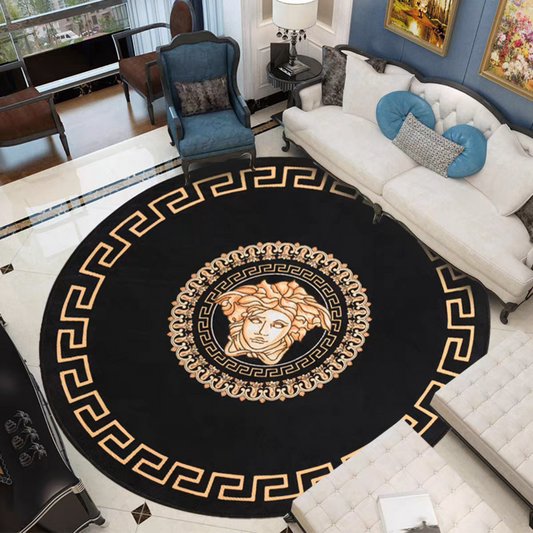 Luxury Branded Logo Round Carpet Black Gold Versace Medusa Design Home Decoration Area Rugs (RV013)