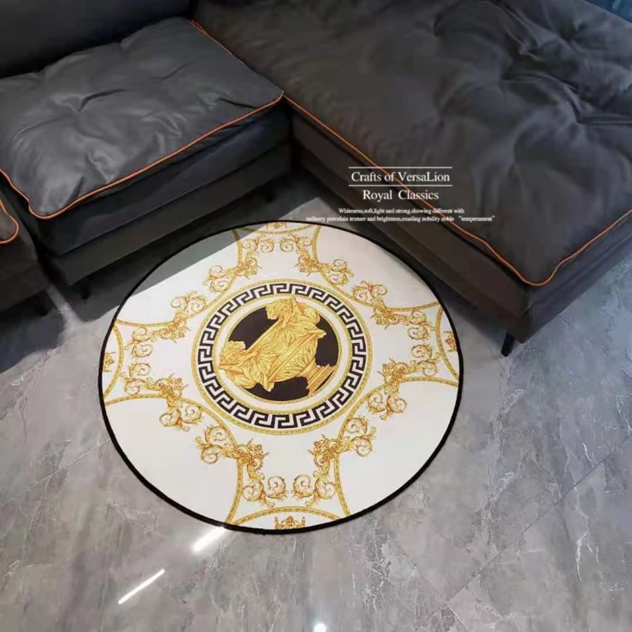 White Gold Versace Luxury Branded Logo Design Home Decoration Round Area Rugs (RV009)