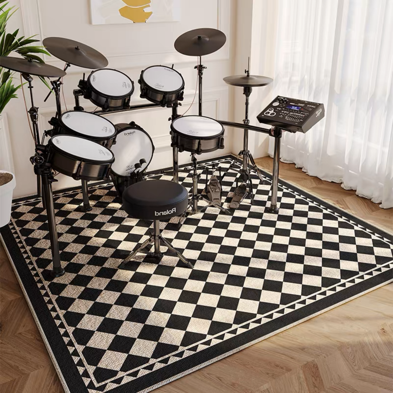 Checkerboard Style Black White Design Drum Kit Area Square Carpet Studio Room Decoration Rugs (SD002)