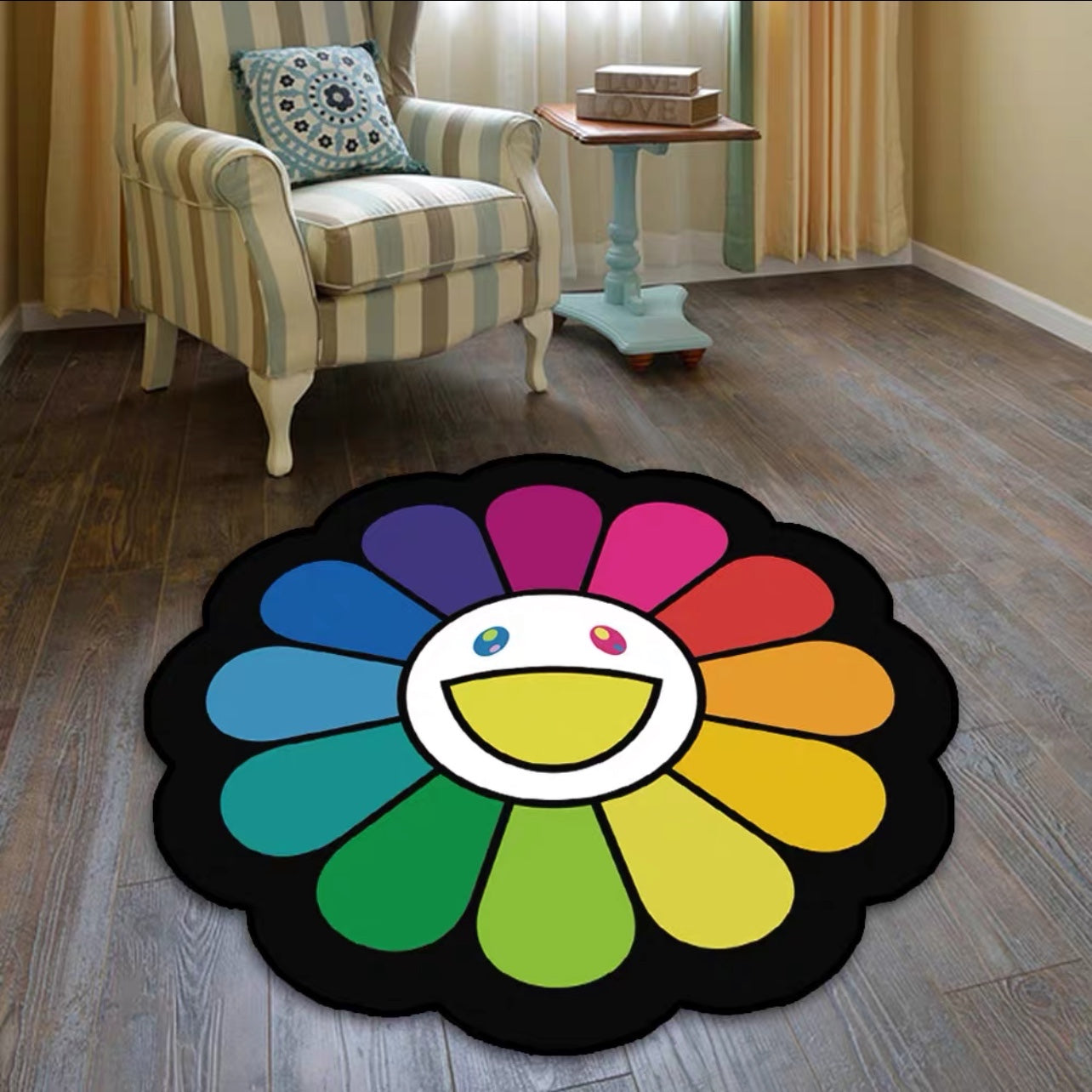 Rainbow Colour Design Street Art Takashi Murakami Sunflower Modern Round Carpet Home Decoration Area Rugs (RM013)