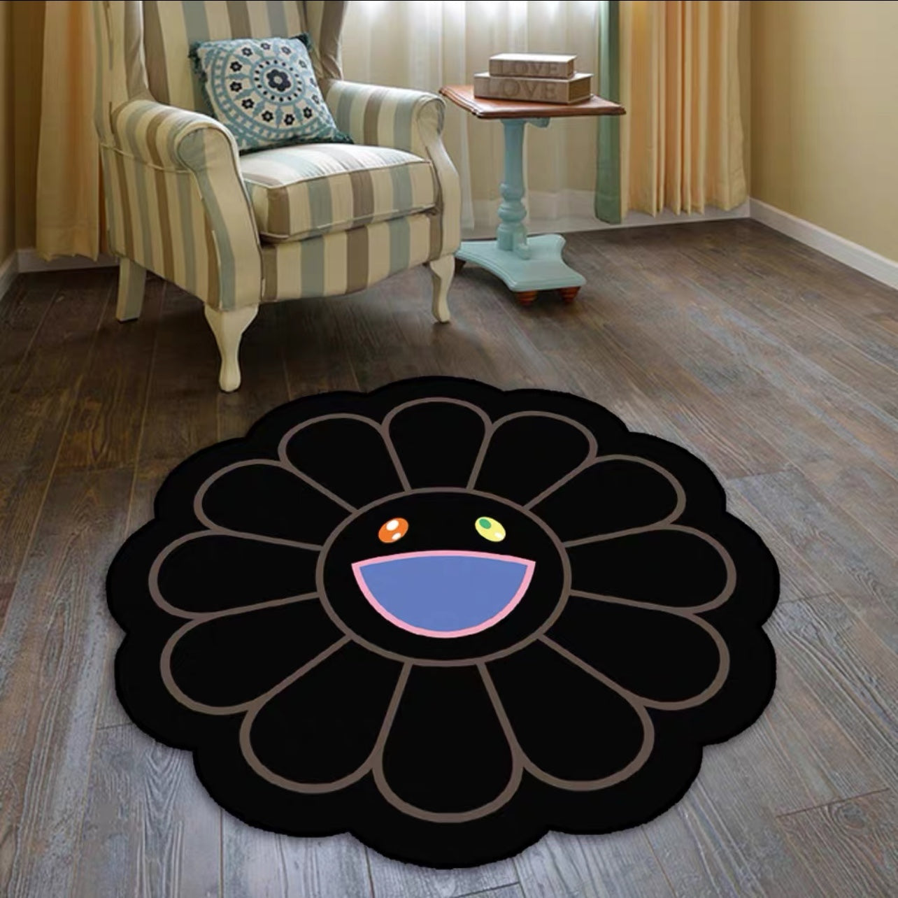 Plain Black Design Takashi Murakami Black Sunflower Modern Home Decoration Round Area Rugs (RM006)