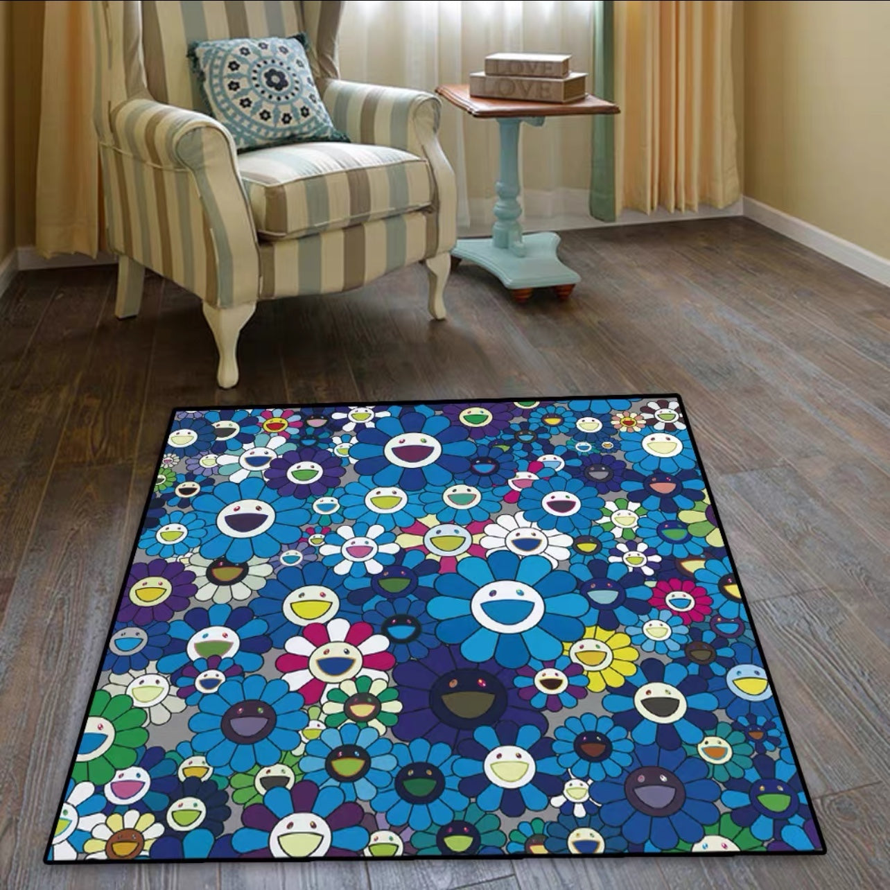 Takashi Murakami Blue Background Sunflower Square Carpet Modern Home Decoration Rugs (SM011)