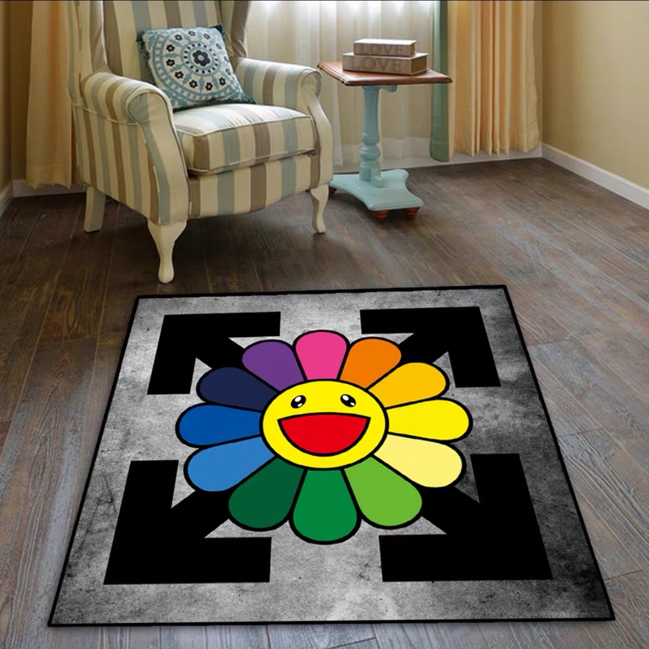 Takashi Murakami X OffWhite Streetwear Brand Logo Crossover Design Square Carpet Rainbow Colour Home Decoration Rugs (SM010)