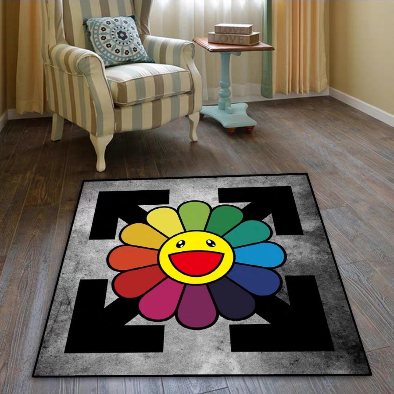 Colourful Sunflower Murakami Design Crossover OffWhite Logo Square Carpet Home Decoration Rugs (SM009)