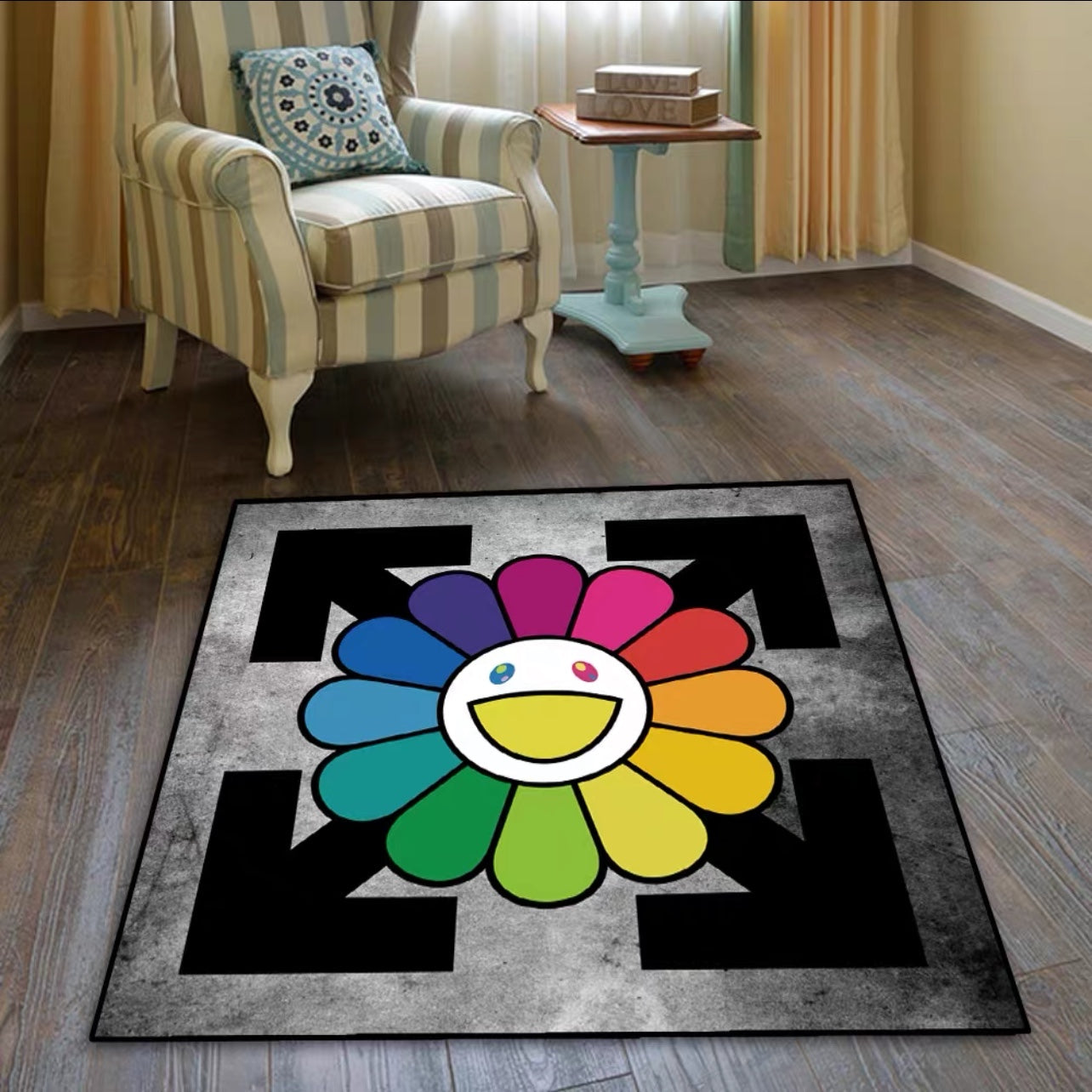 Rainbow Colourful Sunflower Takashi Murakami X OffWhite Logo Design Square Carpet Home Decoration Rugs (SM008)