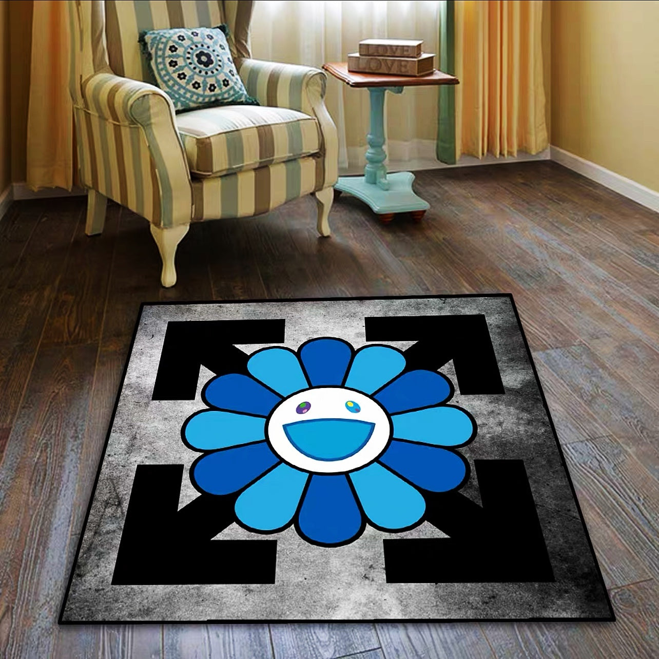 OffWhite X Takashi Murakami Blue Sunflower Design Crossover Brand Square Carpet Home Decoration Rugs (SM007)