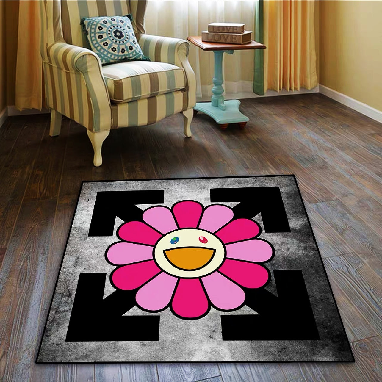 Pinky Sunflower Takashi Murakami X OffWhite Brand Logo Design Square Carpet Modern Home Decoration Rugs (SM006)