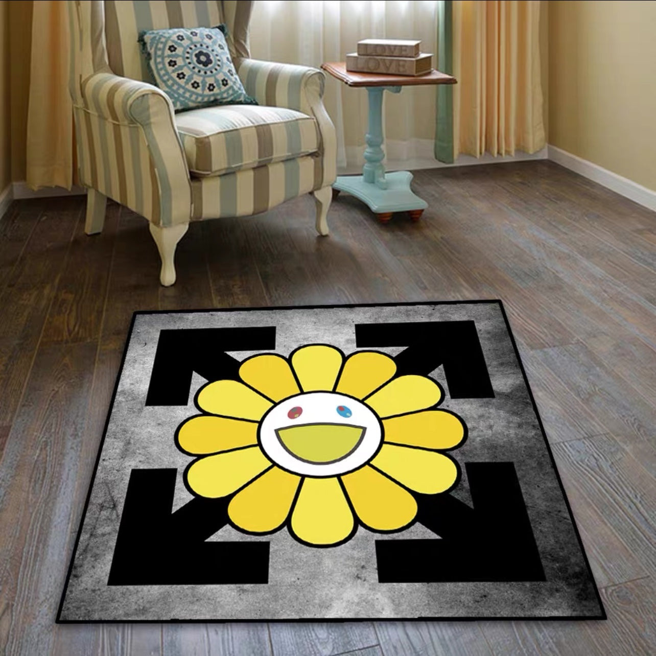 Yellow Sunflower Design Murakami X OffWhite Crossover Square Carpet Modern Home Decoration Rugs (SM005)