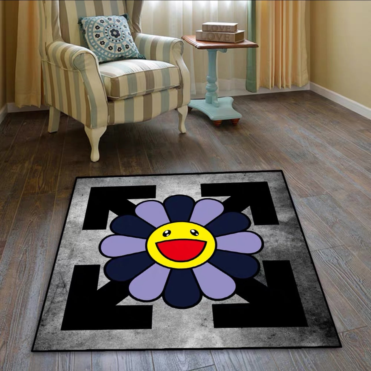 Purple Takashi Murakami Sunflower X OffWhite Logo Design Square Carpet Home Decoration Rugs (SM004)