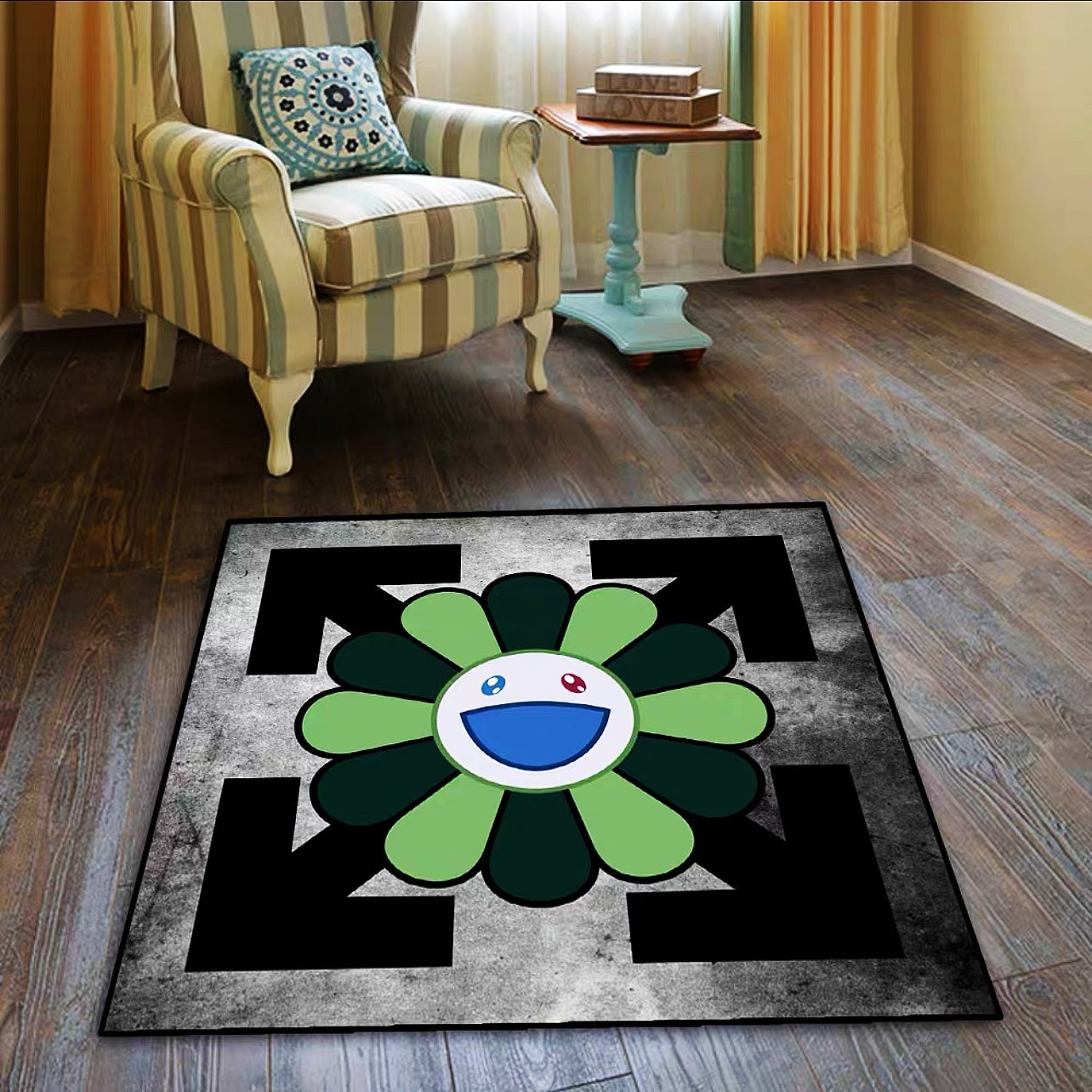 Green Sunflower Takashi Murakami X OffWhite Brand Logo Square Carpet Modern Home Decoration Rugs (SM003)