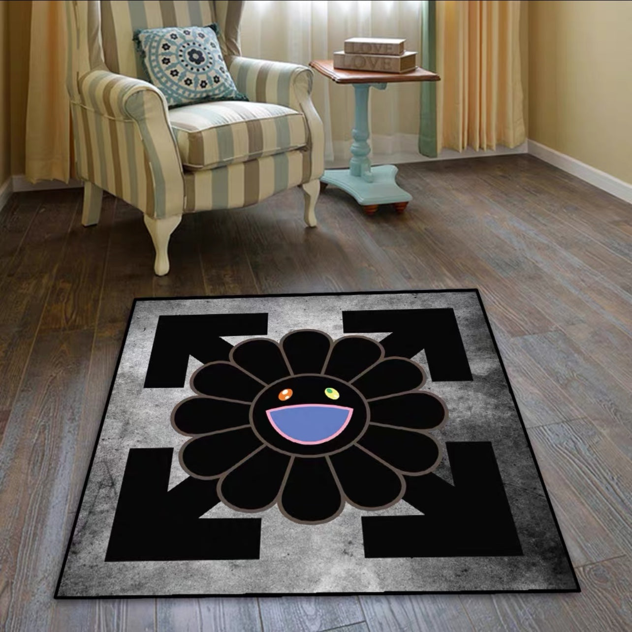 Black Sunflower Murakami X OffWhite Modern Square Carpet Home Decoration Rugs (SM002)